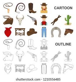Rodeo, competition cartoon icons in set collection for design. Cowboy and equipment vector symbol stock web illustration.