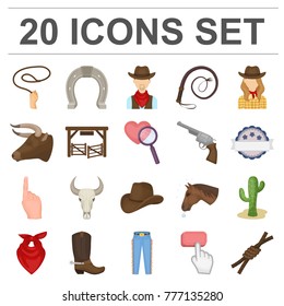 Rodeo, competition cartoon icons in set collection for design. Cowboy and equipment vector symbol stock web illustration.