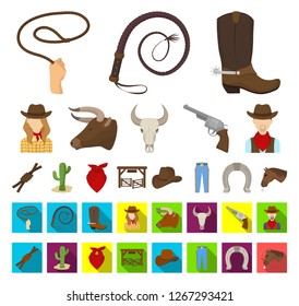 Rodeo, competition cartoon,flat icons in set collection for design. Cowboy and equipment vector symbol stock web illustration.