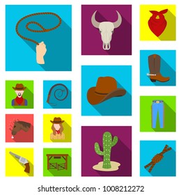 Rodeo, competition flat icons in set collection for design. Cowboy and equipment vector symbol stock web illustration.