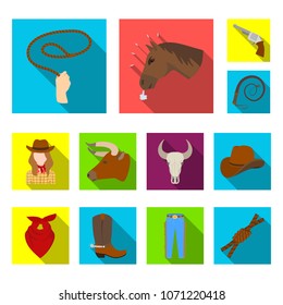 Rodeo, competition flat icons in set collection for design. Cowboy and equipment vector symbol stock web illustration.