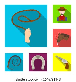 Rodeo, competition flat icons in set collection for design. Cowboy and equipment vector symbol stock web illustration.