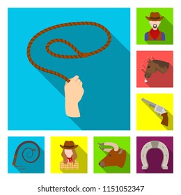Rodeo, competition flat icons in set collection for design. Cowboy and equipment vector symbol stock web illustration.