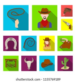 Rodeo, competition flat icons in set collection for design. Cowboy and equipment vector symbol stock web illustration.