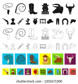 Rodeo, competition flat icons in set collection for design. Cowboy and equipment vector symbol stock web illustration.