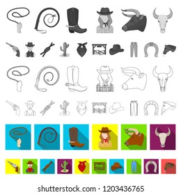 Rodeo, competition flat icons in set collection for design. Cowboy and equipment vector symbol stock web illustration.