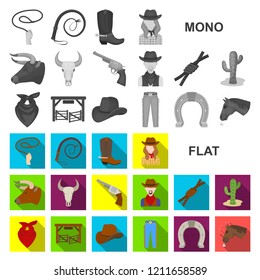 Rodeo, competition flat icons in set collection for design. Cowboy and equipment vector symbol stock web illustration.