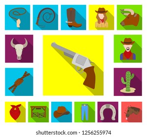 Rodeo, competition flat icons in set collection for design. Cowboy and equipment vector symbol stock web illustration.