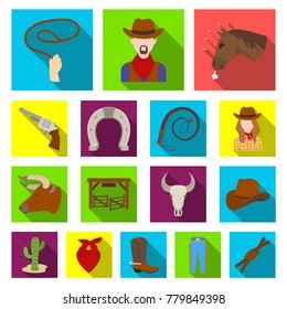 Rodeo, competition flat icons in set collection for design. Cowboy and equipment vector symbol stock web illustration.