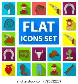 Rodeo, competition flat icons in set collection for design. Cowboy and equipment vector symbol stock web illustration.