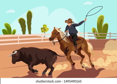 Rodeo competition flat vector illustration. Cartoon cowboy riding horse on arena, following bull with lasso. Traditional Wild West fun