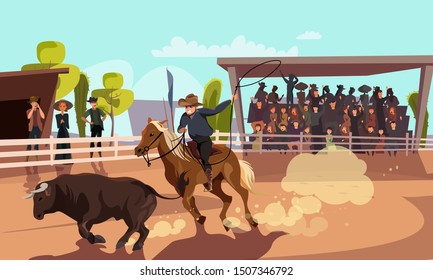 Rodeo competition flat vector illustration. Cartoon cowboy riding horse on arena, following bull with lasso. Excited visitor on bleachers, spectators supporting contestant at traditional Wild West fun