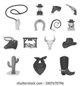Rodeo, competition monochrome icons in set collection for design. Cowboy and equipment vector symbol stock web illustration.