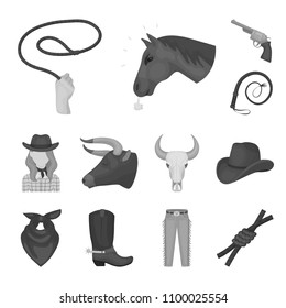 Rodeo, competition monochrome icons in set collection for design. Cowboy and equipment vector symbol stock web illustration.