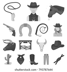 Rodeo, competition monochrome icons in set collection for design. Cowboy and equipment vector symbol stock web illustration.