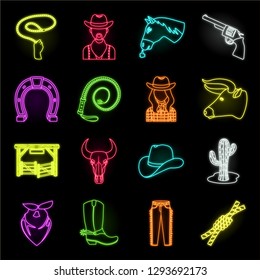 Rodeo, competition neon icons in set collection for design. Cowboy and equipment vector symbol stock web illustration.