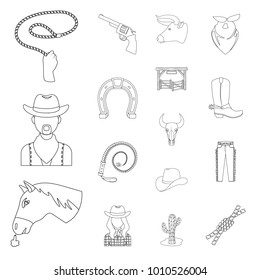 Rodeo, competition outline icons in set collection for design. Cowboy and equipment vector symbol stock web illustration.