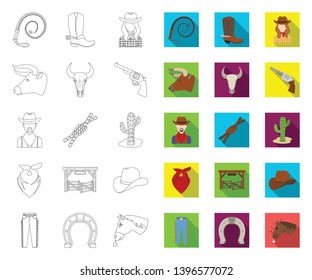 Rodeo, competition outline,flat icons in set collection  design. Cowboy and equipment vector symbol stock web illustration.