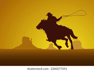 Torneo de competición de rodeo, fondo de puesta de sol. Vector vaquero vaquero y lasso al caballo en un gran cañón en silueta