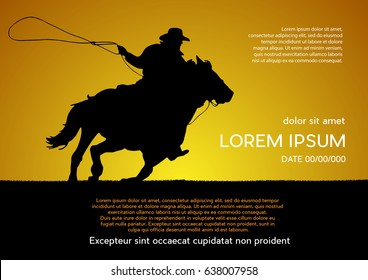 Rodeo Competition Tournament, Sunset Background. Vector Poster Cowboy And Lasso On The Horse