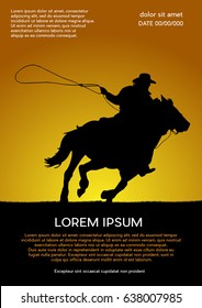 Rodeo competition tournament, sunset background. Vector poster cowboy and lasso on the horse