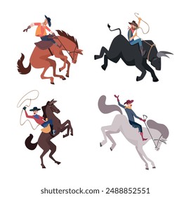 Rodeo. Cowboy Bulle oder Pferdereiter Wild Retro Spiel Exakte Vektorgrafik Cartoon Rodeo Konzept Illustrationen Set