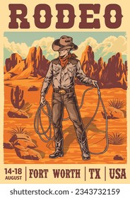 Rodeo cowboy colorful vintage sticker with guy using rope lasso for wild west culture festival invitation vector illustration