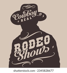 Rodeo cowboy monochrome vintage logotype with silhouette bold man in hat to promote extreme shows in wild west vector illustration