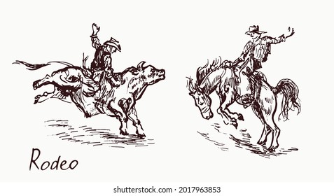 Rodeo, cowboy on bull and on horse, woodcutstyle ink drawing illustration with inscription