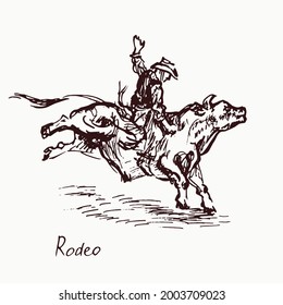 Rodeo, cowboy on bull, woodcutstyle ink drawing illustration with inscription