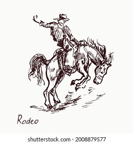 Rodeo, cowboy on horse, woodcutstyle ink drawing illustration with inscription