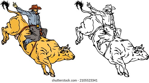 Rodeo cowboy ride a bucking bull. Hand drawn vector illustration.