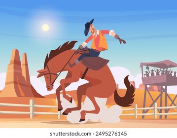 Rodeo. Cowboy reitet auf Wildpferd Rodeo Wild West Party Vektorgrafik Cartoon Hintergrund