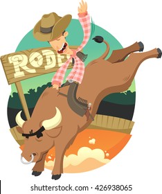 Rodeo cowboy riding bull