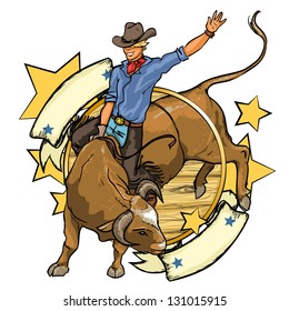 Rodeo Cowboy riding a bull, logo design with space for text, isolated