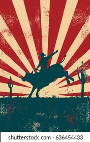 Rodeo cowboy riding bull at sunrise, vector
