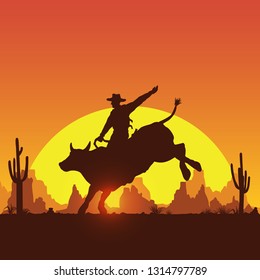 Rodeo cowboy riding bull at sunset, vector