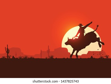 Rodeo cowboy riding bull at sunset, vector