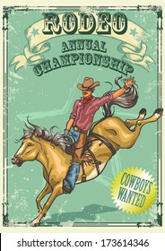 Rodeo Cowboy riding a horse isolated. Poster with sample text.