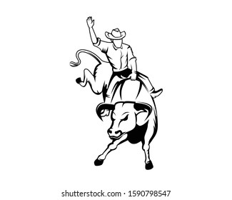 Rodeo or Cowboy Riding a Wild and Furious Bull Illustration with Silhouette Style