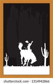 Rodeo cowboy riding wild horse on a wooden sign, vector