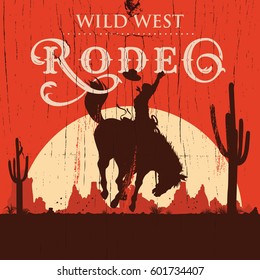 Rodeo cowboy riding wild horse on a wooden sign, vector