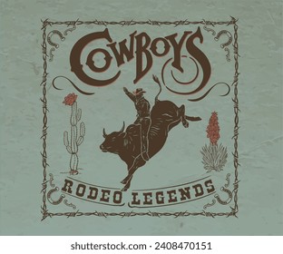 rodeo cowboy up vector illustration, western desert cowboy artwork for t shirt, sticker, graphic print, country boy bull fight, retro vintage cowboy design