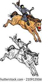 Rodeo Cowboy ringen ein buckiges Broncopferd. Handgezeichnete Vektorgrafik.