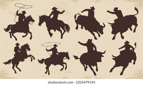 Rodeo cowboys set stickers monochrome silhouettes men on horseback or jumping bulls wearing Texas hats and holding lasso vector illustration