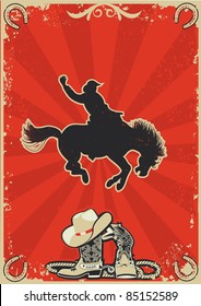 Rodeo cowboy.Wild horse race.Vector graphic poster with grunge background for text