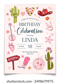 Rodeo Cowgirl Pink Birthday Party Invitation Card. Hand drawn street sign, banjo, boots, hat, horseshoe, bandana, sheriff star, flower, cow skull, cactus. Female cowboy concept. Vector illustration