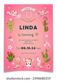 Rodeo Cowgirl Pink Birthday Party Invitation Card. Hand drawn boots, hat, horseshoe, bandana, sheriff star, flower, cow skull, cactus, feather. Female cowboy concept. Vector illustration.