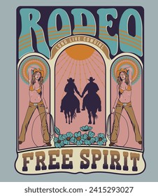 rodeo cowgirl retro vintage design, western cowgirl desert artwork for t shirt, sticker, poster, graphic print, western vintage typography, free spirit