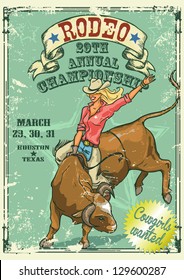Rodeo Cowgirl riding a bull, Retro style Poster. Sample text and grunge effect are removable